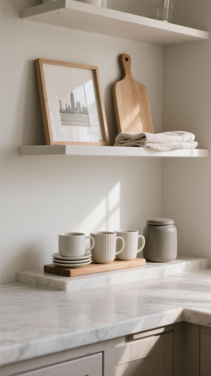 Medium shot of open kitchen shelves styled with layers and levels: trios of mugs grouped in odd numbers, heights varied using a small wooden riser, a couple of saucers stacked under a mug, and a matte lidded jar creating staggered levels; a small framed print and a narrow cutting board leaned at the back as a visual anchor; a folded linen placed beneath one cluster for softness; two-thirds mugs and one-third decor with intentional negative space; soft natural side light creating gentle shadows and a “shelf moment” skyline effect.