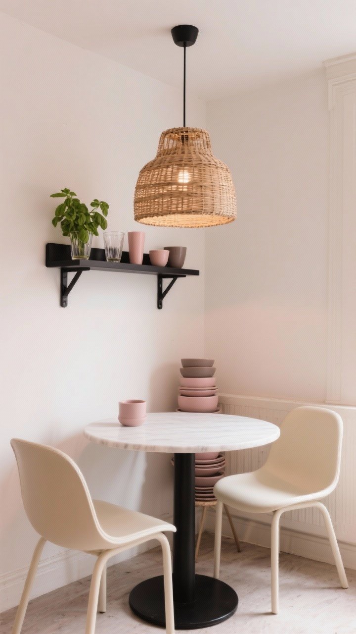 Medium shot of Parisian-inspired kitchen nook: a small round LISABO table with two cream LEIFARNE chairs, soft curved silhouettes; overhead SINNERLIG rattan pendant casting warm textured light; a matte-black LACK wall shelf styled with mismatched tumblers, a small basil plant, and stackable DINERA stoneware in dusty pink and taupe; palette of cream, blush, matte black accents, and natural rattan; cozy café charm, photorealistic.