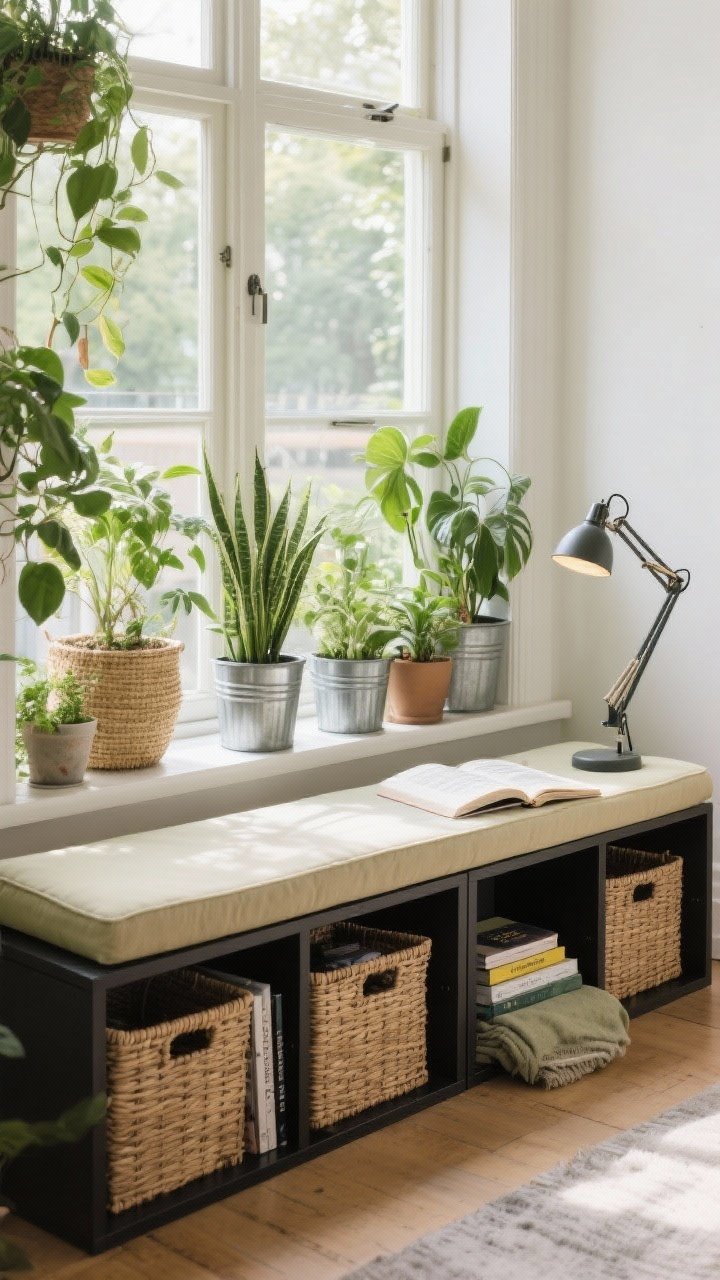 Medium shot of plant-filled bay window reading perch: sunlit bay with mixed-height FEJKA/real plants in FRIDFULL seagrass and SOCKER galvanized planters lining the sill; a custom-width bench built from two KALLAX units on their sides with a tailored cushion on top; baskets in the cubbies storing books and throws; a RANARP task lamp on a clamp providing focused reading light; palette of olive, cream, black metal, and warm cane; lush and serene, photorealistic.