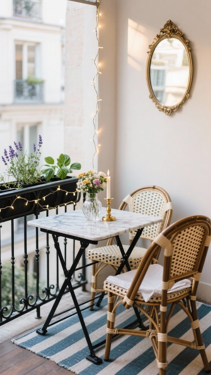 Medium shot, Parisian Bistro Balcony in morning light: compact folding bistro table in black with a marble-look top; two café chairs in rattan; narrow striped runner on the floor; railing dressed with window-box herbs—thyme, basil, lavender; small decorative-framed mirror on the wall bouncing light; tabletop styled with a cut glass vase holding fresh flowers and a candle in a brass holder; fairy lights looped around the railing; colors black, cream, soft blue, brass accents; materials wrought iron, rattan, linen napkin on chair; straight-on, intimate café vibe.