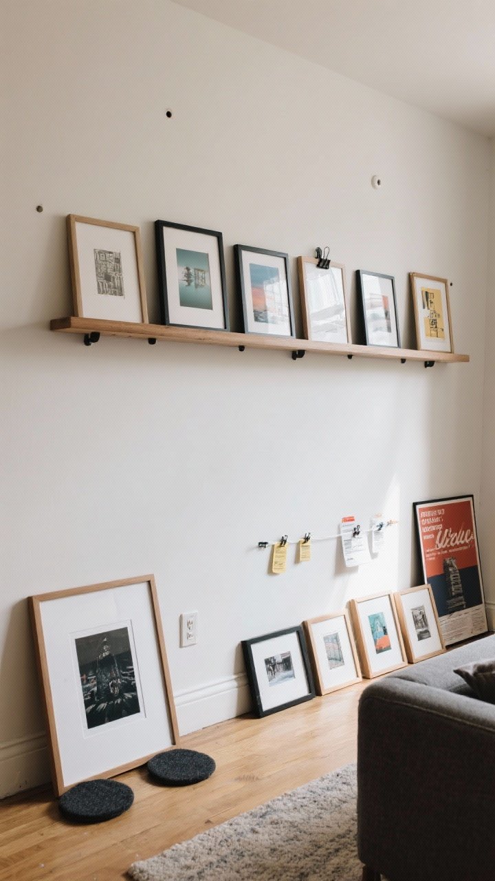 Medium shot: Rental-friendly art setup in a compact living area. A long picture ledge mounted with minimal holes holds a rotating mix of prints in clip frames and poster rails; a large frame leans safely on the floor against the wall with felt pads; several mid-size frames hang via removable Command strips (labels visible on the back edges implied, not shown). Flexible, low-commitment styling; even daylight with soft shadows; shot from a straight-on perspective.