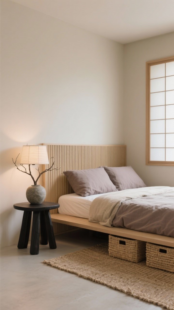 Medium shot, serene “Japandi Zen Nook” from a low angle: putty-beige walls, tatami-inspired low futon platform bed, linen bedding in muted taupe and sand, a vertical slatted headboard for texture, paper shoji-style lamp casting gentle glow, simple black stool used as nightstand with a sculptural branch in a stone vase, woven seagrass storage bins tucked under the bed, and a natural jute rug; calm, minimal, natural materials, photorealistic.