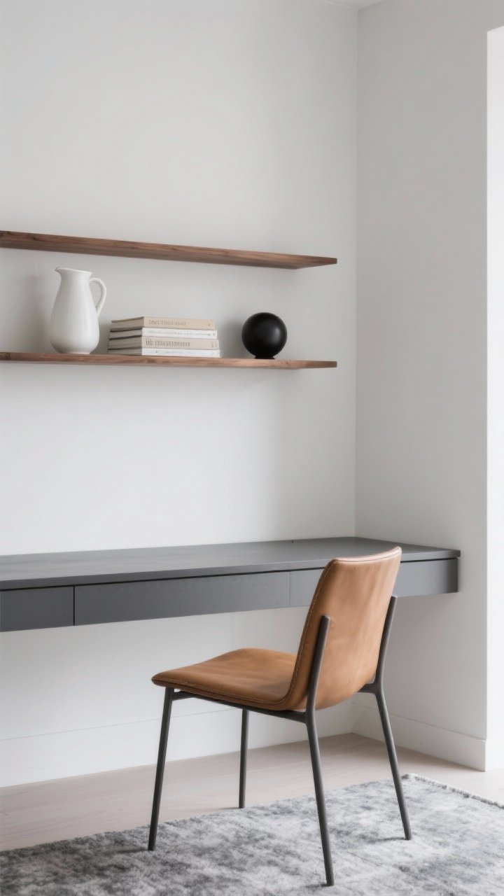 Medium shot, serene study: matte white walls with two floating wood shelves, intentionally offset. Minimal styling: a white porcelain jug, a stack of linen-bound books, and a small black orb. Below, a graphite desk with slender legs and a camel leather chair; low-pile rug in stone gray. Straight-on view, clean negative space, photorealistic.