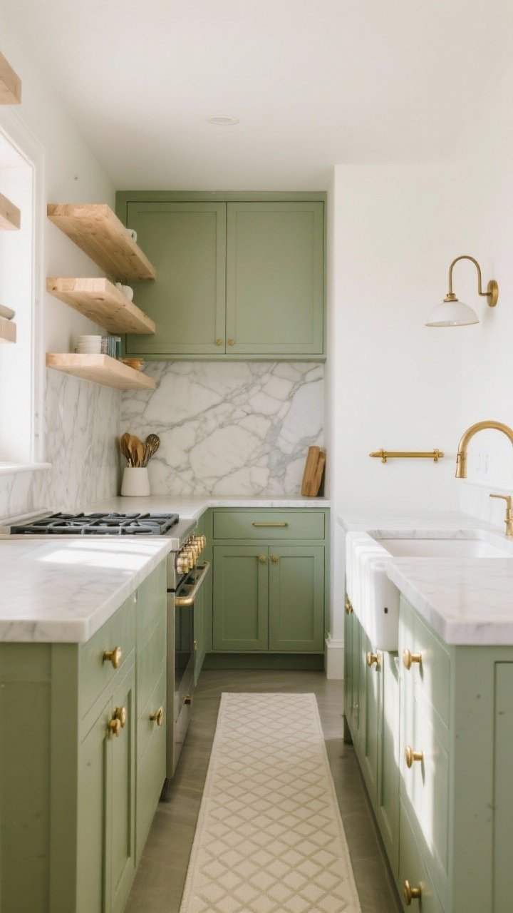 Medium shot, soft morning light: Lower cabinets painted muted sage green, light oak open shelves instead of uppers, full-height calacatta-look quartz splash behind the stove, brushed brass faucet and knobs, a cream runner with a subtle diamond pattern down a narrow galley, a small brass rail for utensils, and a single curved sconce above the sink; fresh, serene, uncluttered.