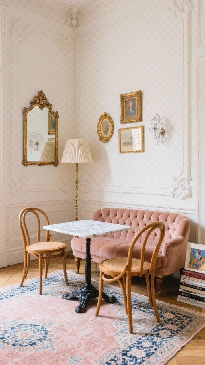 Medium shot, straight-on: A Parisian petite salon featuring peel-and-stick wall mouldings in cream to fake architecture, a petite tufted sofa in blush or camel, and a marble-topped bistro table with two bentwood chairs for dining/desk use. Layer antique gold frames, a leaning ornate-trim floor mirror, and a pleated lampshade. Ground with a Persian-style rug in faded rose and indigo, add a single crystal sconce and a tiny stack of art books; charming yet unfussy.