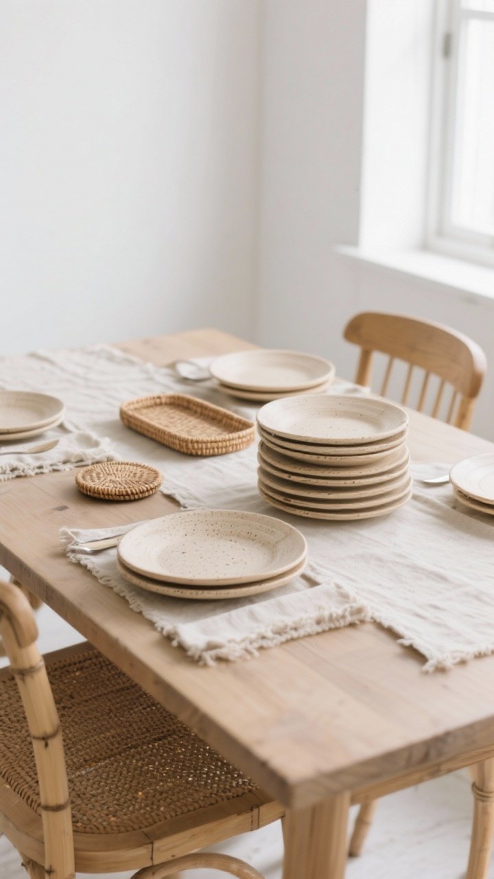 Medium shot, straight-on dining table scene styled “effortless coastal”: lightweight bamboo dinner plates with soft, rounded shapes in matte neutrals and subtle speckled finishes, paired with natural linen napkins and a raw-edge linen table runner; a few rattan accents (small tray and coaster) add texture; stack plates with thin linen separators between to hint at care; soft daylight from a side window, clean white backdrop, no people, photorealistic.