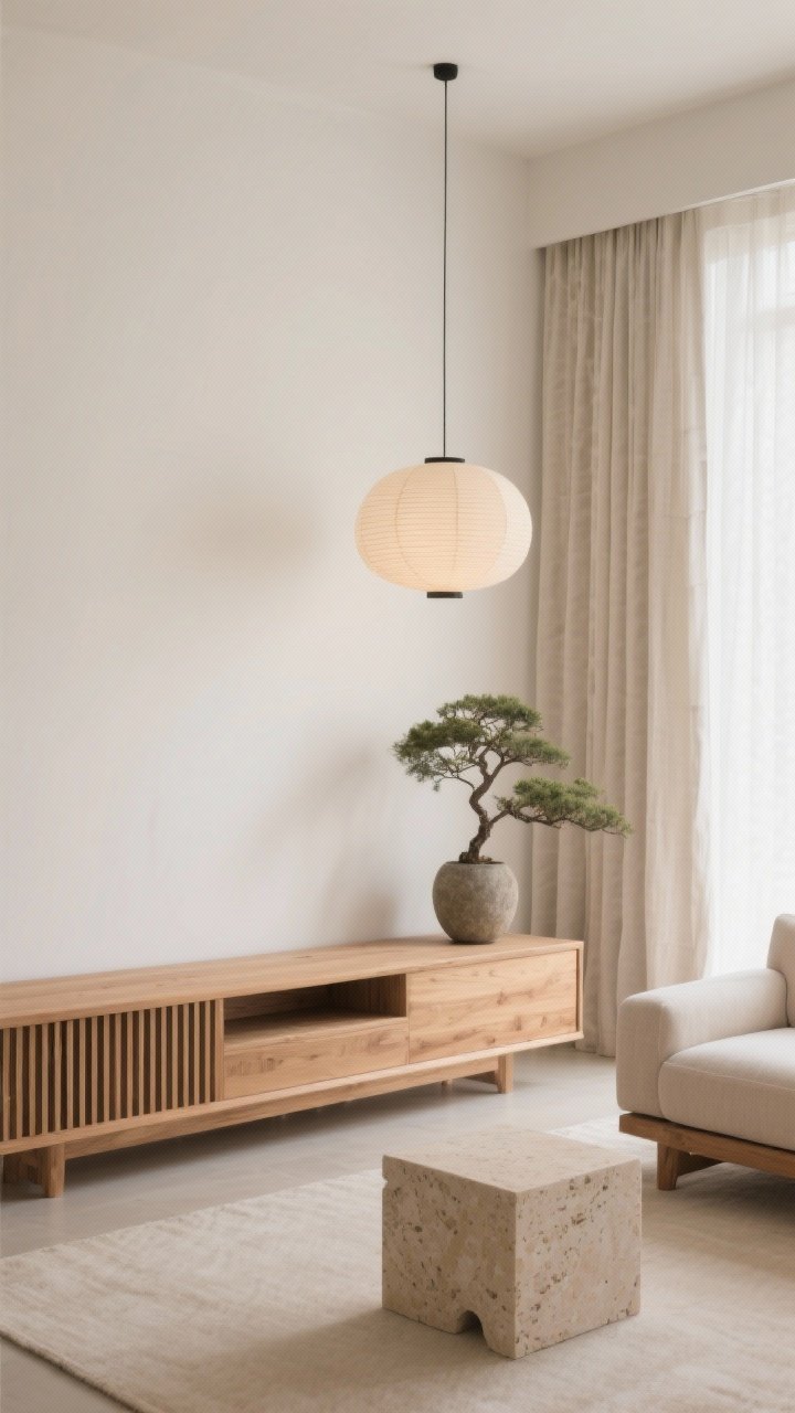 Medium shot, straight-on of a Japandi living area: a low oak sofa with clean lines, a slatted wood media console beneath a simple wall, and a paper shade pendant casting gentle, diffuse light. Add a travertine cube side table, long linen curtains, and a single bonsai (or branch) in a stone vase for sculptural calm. Palette: warm white, mushroom, natural wood. Forms: low, linear, unfussy. Tranquil, balanced atmosphere.