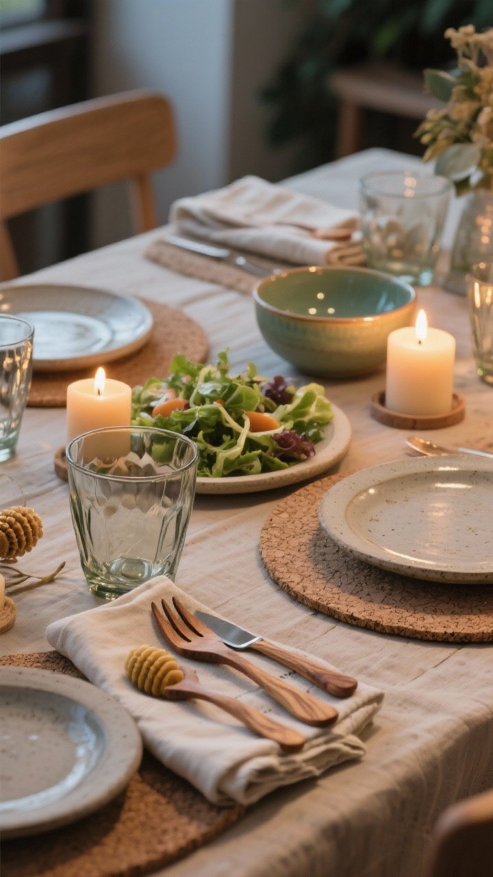 Medium shot, straight-on tablescape focusing on sustainable accessories: neatly folded linen napkins, cork placemats, olive-wood salad utensils showing beautiful grain, and beeswax or soy candles lit for a clean, cozy glow; base setting grounded by stoneware plates with a shine element from recycled glass tumblers; layered natural textures and a single color pop via a tinted glazed bowl; warm ambient evening lighting, photorealistic.
