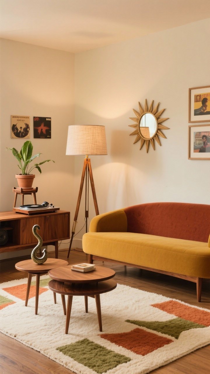 Medium shot, warm glow: A mid-century warmth capsule with a low walnut media console, a curved mustard/rust sofa, and a tripod floor lamp with a linen shade. Anchor with a geometric rug in cream, terracotta, and olive. Add a sunburst mirror, stacked teak nesting tables, a planter stand holding a snake plant, a record player atop the console, and a small gallery of vintage album covers; cozy, nostalgic, streamlined.