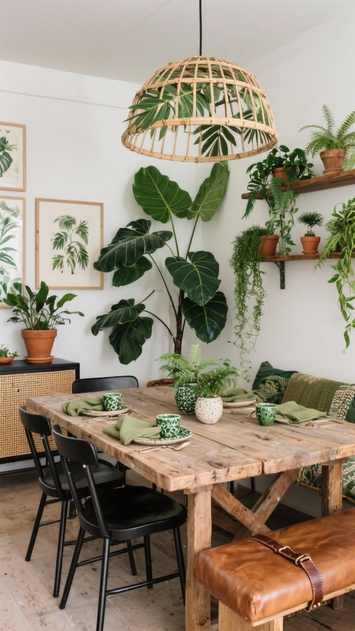 Medium shot with lush greenery focus: Jungle Boho dining nook featuring a reclaimed wood table (unpolished) paired with black metal-framed chairs and a leather strap bench. Layered plants everywhere: tall fiddle leaf fig in the corner, cascading pothos on wall shelves, and small fern pots as living centerpieces on the table. Tabletop kept neutral with speckled green stoneware and olive linen napkins. Overhead, a bamboo dome pendant casts leafy shadows. Wall details include botanical art prints; nearby a cane-front sideboard and terra-cotta planters. Palette: emerald, olive, walnut, black, cream. Fresh, alive, photorealistic, no people.