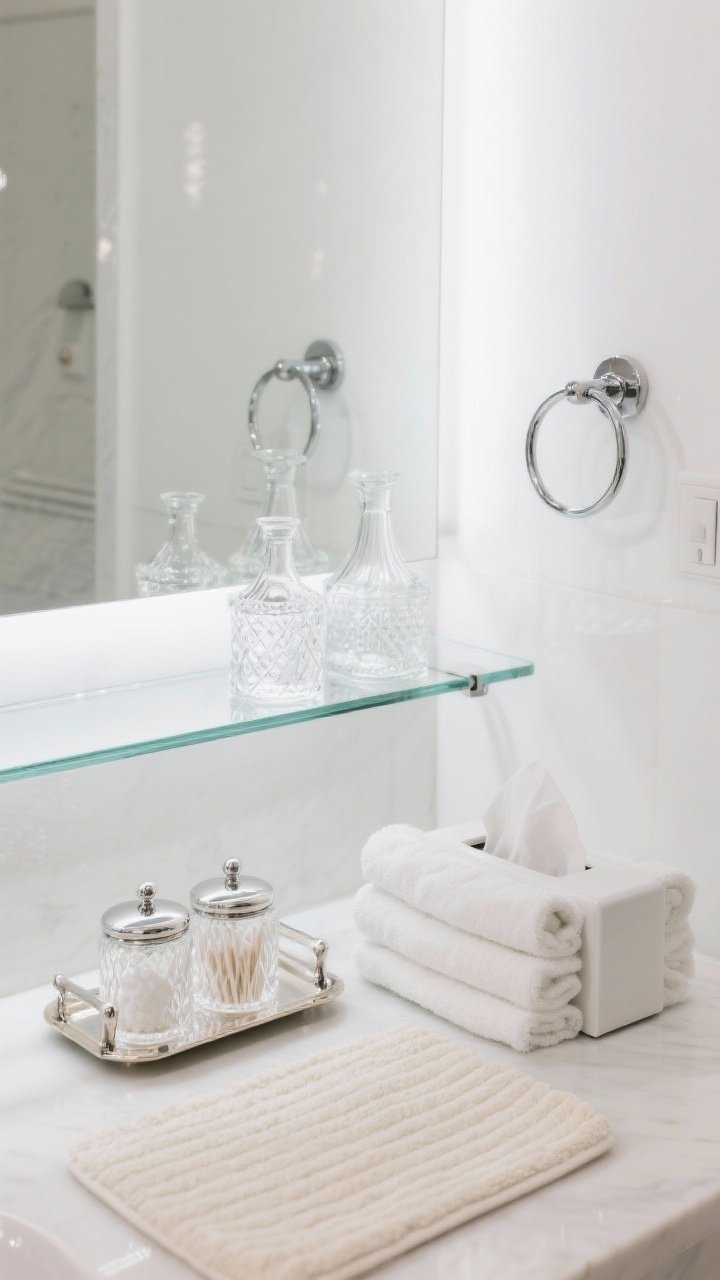 Medium straight-on shot: Hotel-luxe setup with glossy white accessories on a polished nickel tray, clear glass decanters and cut-glass canisters with chrome lids for bath salts and cotton swabs, and a white lacquer tissue box; plush stacked white towels and a ribbed cream bath mat; a low-profile glass shelf and large frameless mirror reflecting clean lines; wall-mounted chrome towel ring and hook set; bright, clean, reflective lighting with subtle specular highlights.