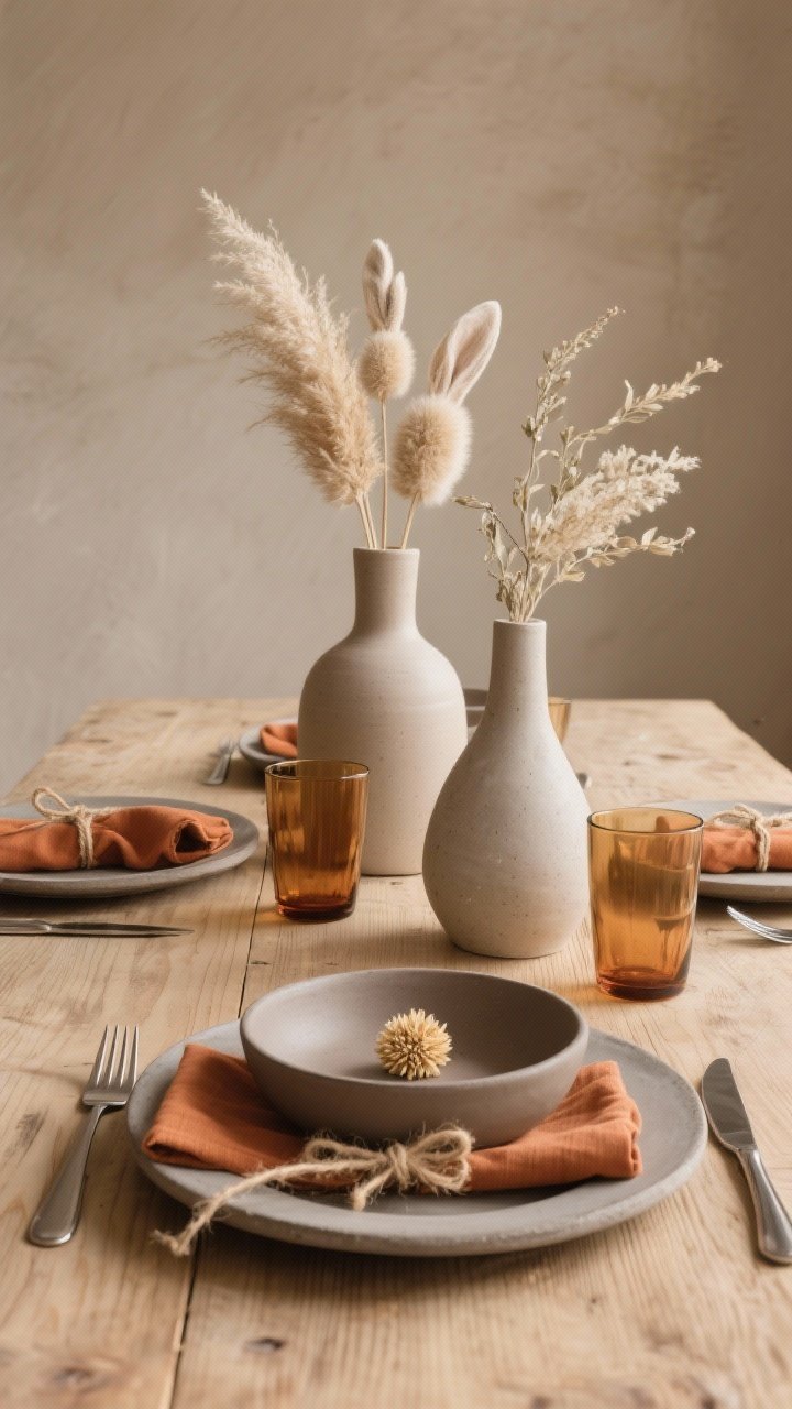 Medium straight-on shot of a Modern Desert Neutrals tablescape on a bare wood table showing grain: greige stoneware dinner plates topped with a matte taupe bowl, terracotta linen napkins tied with thin jute twine and a tiny dried strawflower at each setting. Centered are unglazed ceramic vases in varied heights holding dried pampas, bunny tails, and bleached ruscus. Amber tumblers replace standard water glasses; brushed stainless flatware provides a sleek counterpoint. Soft, warm natural light; palette of taupe, terracotta, sand, soft gray; sculptural, earthy mood.
