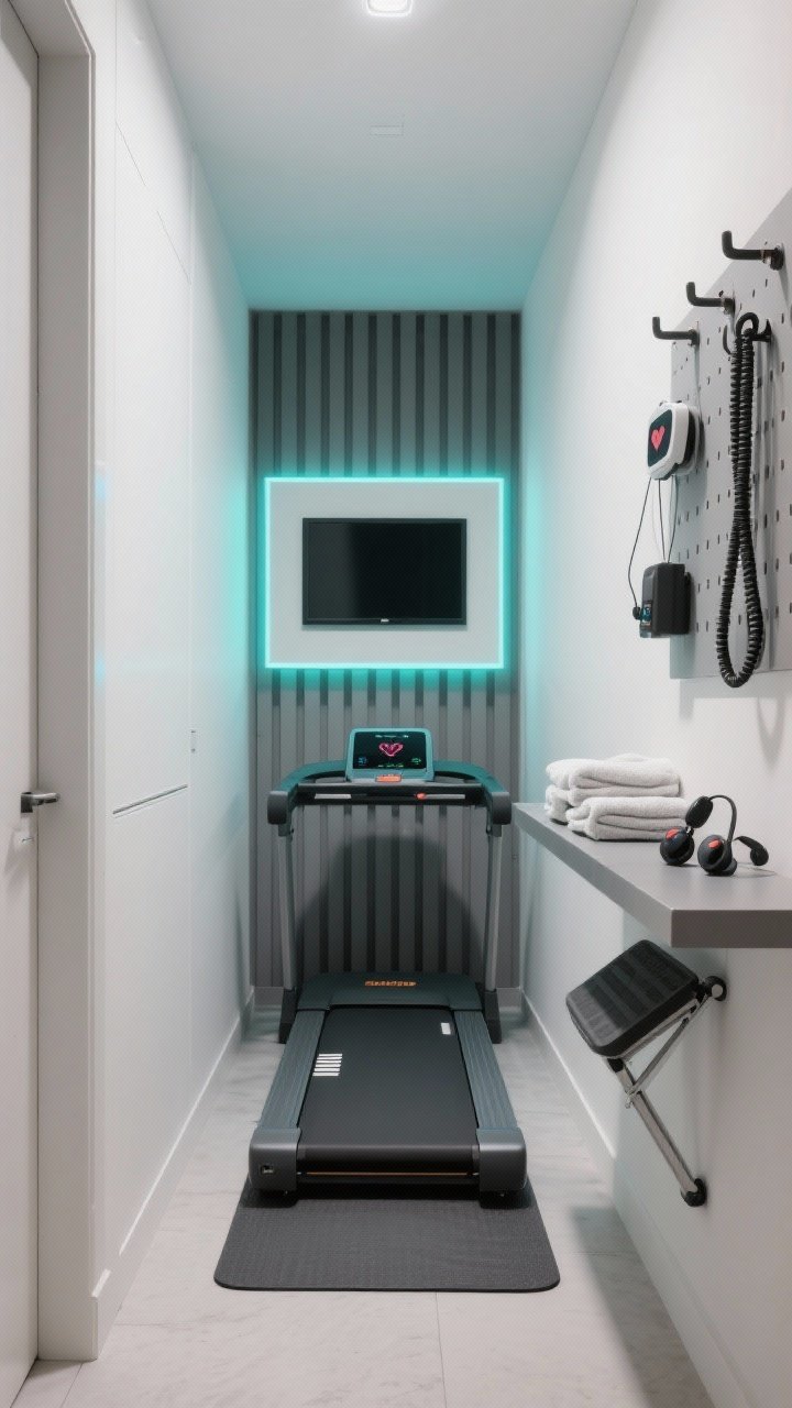 Medium straight-on shot, Sleek Tech Cardio Alcove: a tight hallway alcove with cool white walls and graphite accents; compact smart treadmill centered on a shock-absorbing runner mat, partially folded; slatted wall panel behind for sliding storage; framed TV mounted at eye level with a subtle neon accent strip glow (teal) casting ambient light; narrow floating shelf beneath holding heart-rate monitor, neatly folded towels, and earbuds; wall hook grid to the side with a foldable step platform and jump rope; crisp, high-tech boutique feel, photorealistic.