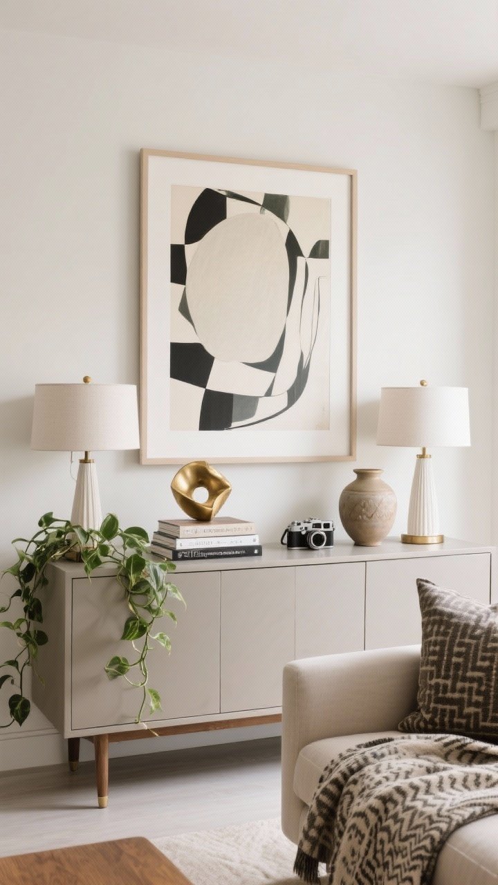 Medium, straight-on styling vignette on a credenza: one large abstract print centered above, two symmetrical table lamps flanking for balance, a small stack of design books topped with a sculptural brass object, a vintage camera and ceramic vase as personal accents, and a trailing pothos on the edge for organic contrast; coordinated pillows and a single patterned throw visible on the adjacent sofa; surfaces edited, personalized without clutter; soft, even natural light.