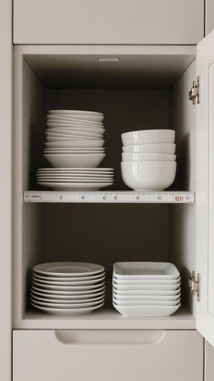Medium, straight-on view inside a small cabinet showing stackable shapes that actually stack: coupe plates with raised edges nesting neatly, a stack of low, wide bowls tighter than deep cereal bowls, and a slim set of square plates aligned efficiently. Include a small tape measure or marked shelf to imply measured shelf height and stacks of 6–8 max. Neutral palette, slim profiles, clean glossy glaze catching light, practical urban kitchen backdrop.