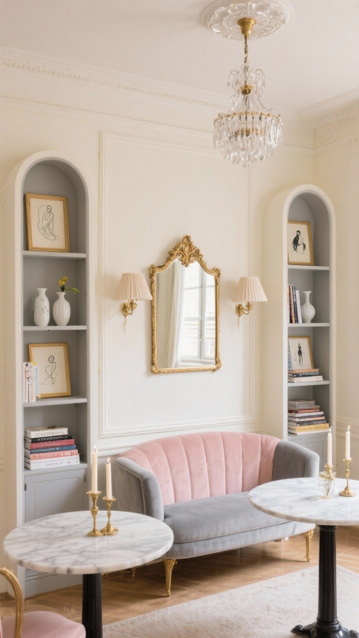 Medium straight-on view of a Parisian petite parlor: buttery cream walls with narrow molding and picture frame trim; tall, narrow bookcases with arched tops. A petite velvet settee in soft blush or dove gray faces a bistro-style marble table; a gilded mirror above shelves reflects light. Lighting: crystal flush mount overhead and petite pleated lamps on shelves. Decor: framed line drawings, tapered candles, porcelain bud vases, neat stacks of fashion and poetry books. Palette: cream, dove gray, blush, antique gold. Intimate, elegant, romantic.