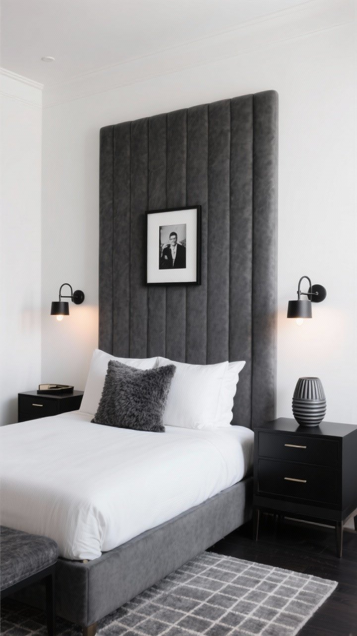 Medium, straight-on view of Monochrome Luxe vignette: a tall charcoal upholstered headboard against crisp white walls, sleek black nightstands flanking the bed, matte black swing-arm sconces with warm 2700K bulbs casting a hotel-level glow, tone-on-tone textures on the bed including a bouclé throw pillow and ribbed ceramic lamp on one nightstand, a framed black-and-white photo above the headboard, low-pile rug with a subtle grid underfoot; palette of snow white, soft gray, charcoal, and matte black; clean, boutique hotel serenity with whispered glamour; no busy patterns, photorealistic.