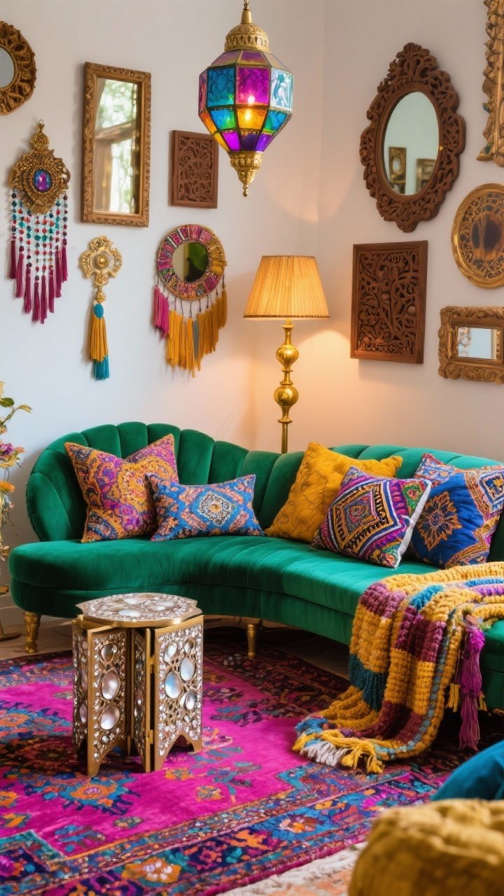 Medium, vibrant Jewel-Toned Maximalist Boho: curvy emerald loveseat; vibrant Turkish rug bursting with magenta, saffron, cobalt; mix of patterned pillows including paisley and geometric, plus a chunky woven throw; mother-of-pearl inlay side table sparkling; folding screen with carved details partially partitioning the space; beaded tassels, mirror gallery wall, carved wood accents; jewel-toned glass lantern pendant and a gold floor lamp adding warm glow; palette of emerald, magenta, saffron, cobalt, antique brass; lush and layered; no people, photorealistic.