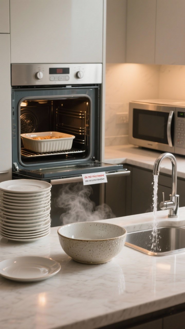 Medium vignette illustrating thermal shock care: a stoneware baking dish placed in a cool oven (door slightly open, oven off), nearby a stack of plates being pre-warmed under a gentle flow of warm tap water. On the counter, a chilled porcelain bowl from the fridge resting to room temp (condensation visible) before heating. A microwave stands by with a metallic-rimmed plate set aside with a “do not microwave” note. Soft kitchen lighting, slight steam on warm plates, three-quarter angle, photorealistic.