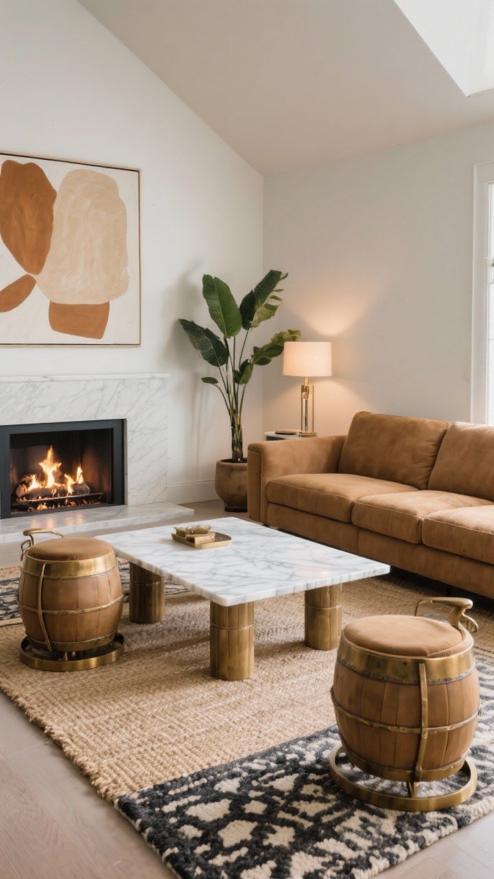 Medium-wide corner angle, photorealistic: Diagonal Fireplace Drama. A deep, structured sofa is angled to face a diagonal corner fireplace. Two barrel swivel chairs flank the hearth for easy conversation and spin-to-fire views. Layered rug moment: large sisal base with a patterned wool rug partially atop it and aligned to the sofa. A rectangular marble coffee table on chunky legs anchors the seating. Above the fireplace, an oversized abstract in warm neutrals. A tall plant stands in the opposite corner to counterweight the hearth. Palette: camel, charcoal, bone white, burnished brass; firelight mixed with warm ambient lamps.