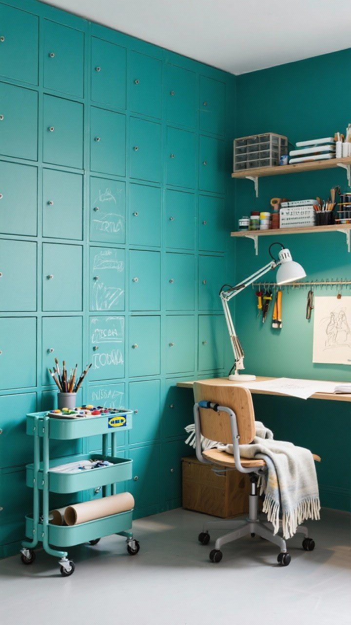Medium-wide creative studio corner: a grid of IVAR cabinets mounted up the wall and painted chalky teal as a cheerful backdrop, BOAXEL shelves above holding neatly arranged supplies with a hanging rail for tools, a foldable NISSAFORS cart as a mobile workstation with brushes and paints, a MÅLA paper roll threaded and ready for sketches, a LÅNGFJÄLL chair on casters positioned between zones, VITMOSSA blanket draped over the chair, clamp-on TERTIAL lamps providing bright directional task lighting; organized yet creative, photorealistic.