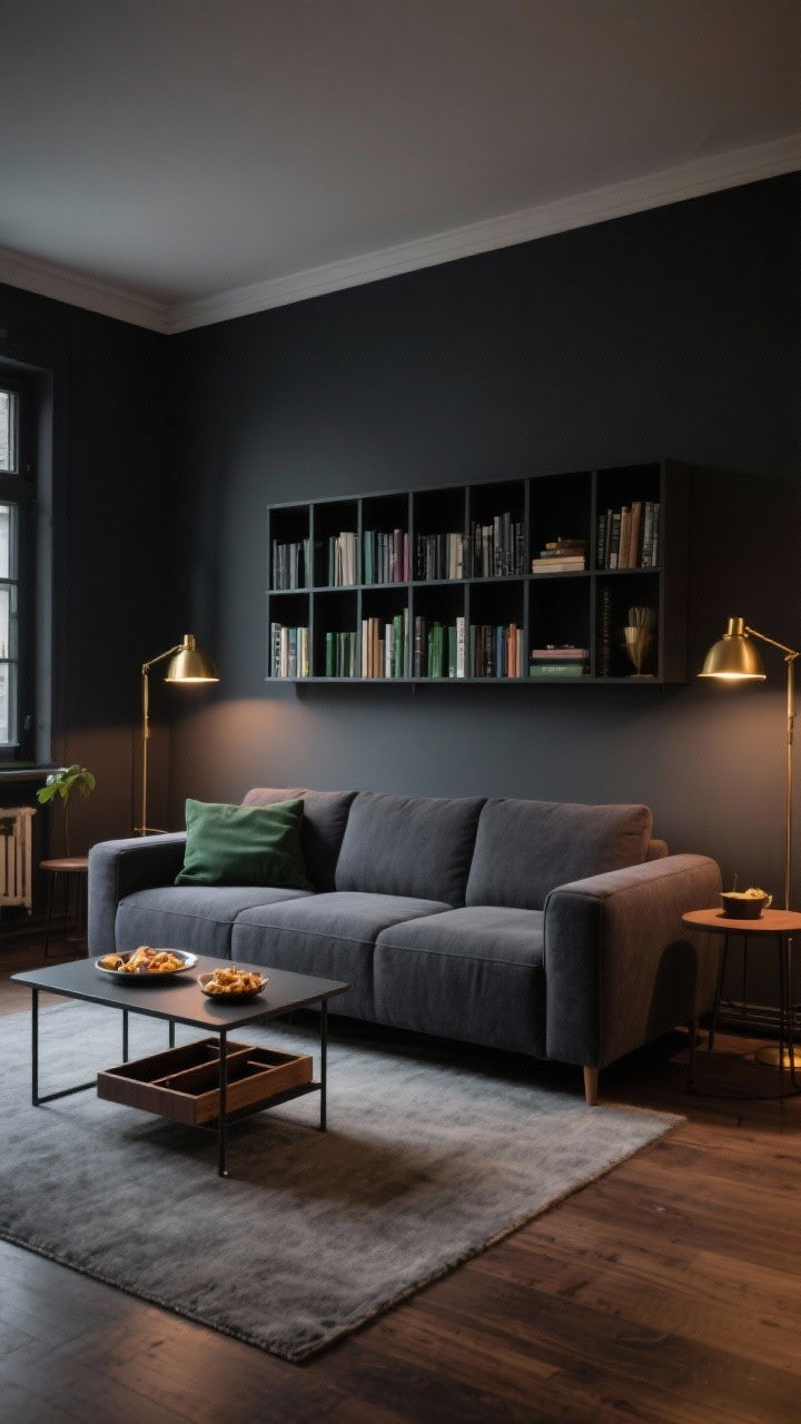 Medium-wide living room with moody vibe: charcoal accent wall, GRÖNLID sectional in deep gray defining the lounge zone, compact LACK coffee table with visible pull-out trays slightly ajar holding snacks, a wall of narrow BILLY bookcases painted the same charcoal for a built-in look behind the sofa, paired HEKTAR floor lamps flanking the couch casting a warm, moody glow; accents in brass and hints of forest green, espresso wood tones, low evening lighting, photorealistic.
