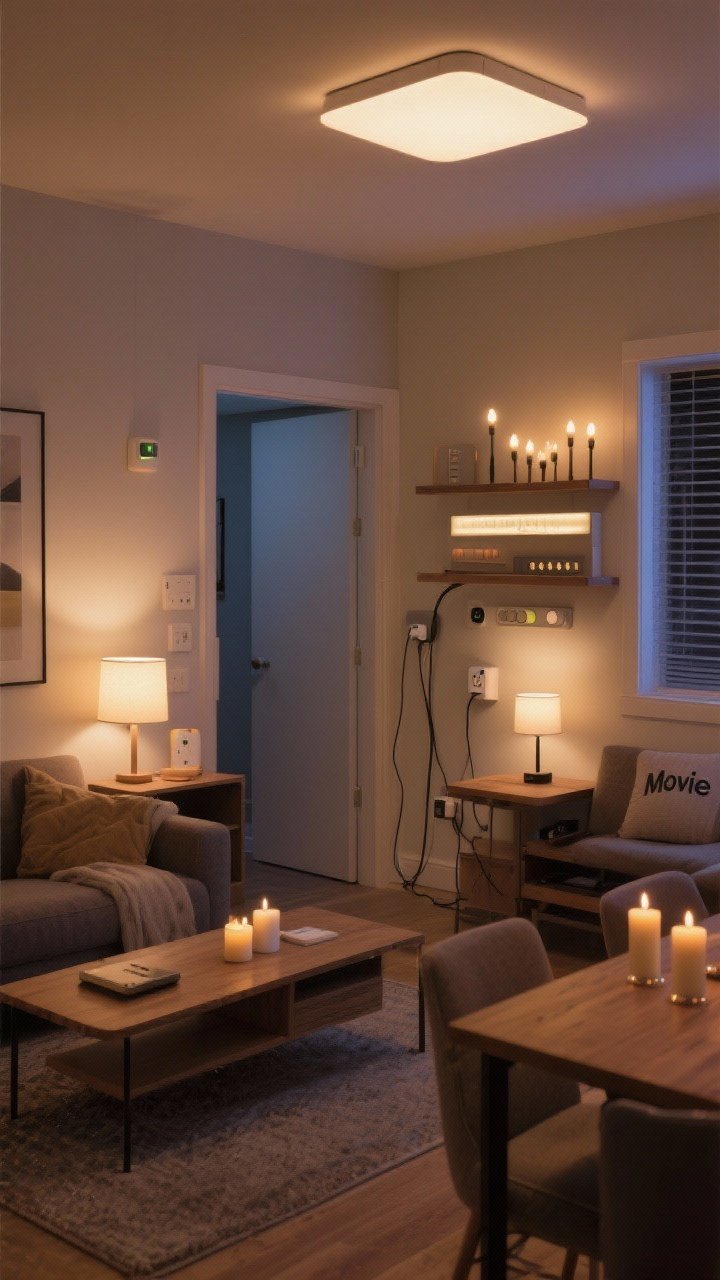 Medium-wide overhead/oblique view — Smart and switchable small-space setup: a living-dining area with grouped smart bulbs set to a “Movie” scene (ambient ceiling light dimmed, task lights steady), visible smart plug on a side lamp, layered dimmer sliders for ambient vs. task circuits, a rechargeable cordless lamp and LED flameless candles on shelves, and discreet motion sensor by a hallway; cords neatly managed with adhesive clips; warm cohesive color temperature; photorealistic evening ambiance.