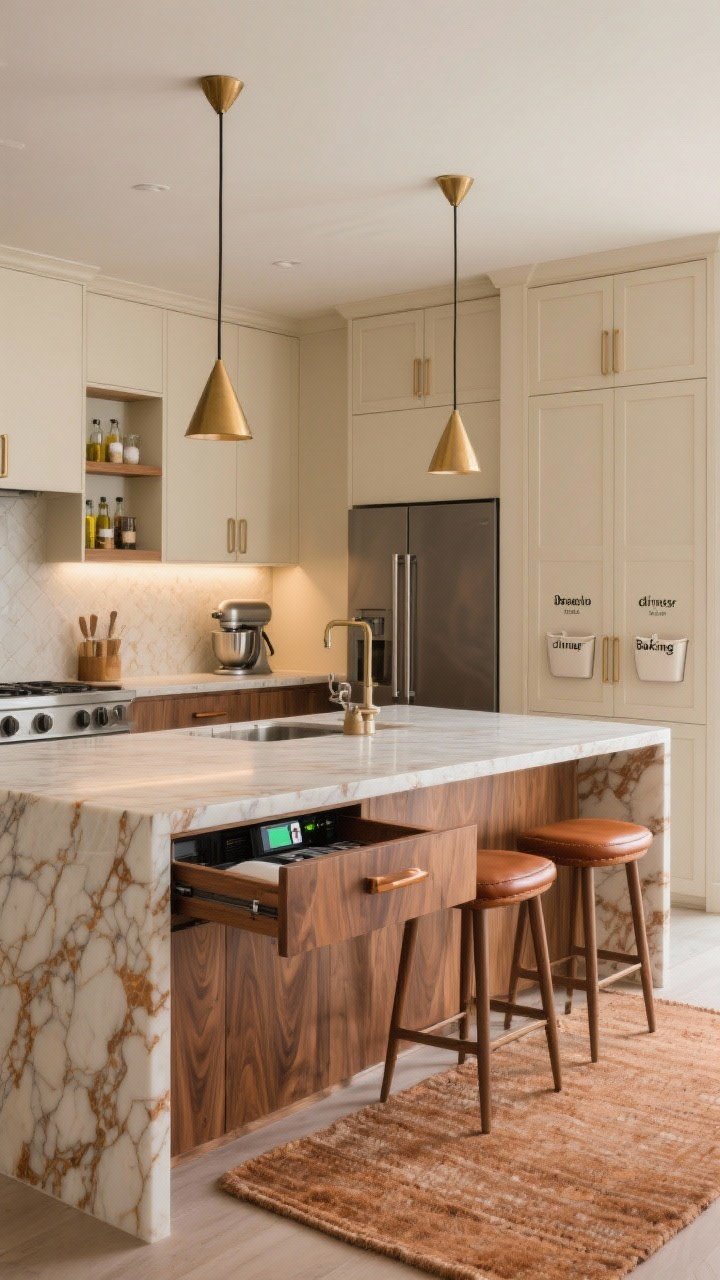 Medium-wide shot focusing on a warm modern kitchen with a waterfall peninsula: walnut lower cabinets, cream uppers, and a warm-veined stone waterfall edge; peninsula open drawer reveals a charging station and a slide-out mixer stand in action; one wall features a panel-front fridge and tall cabinet with labeled bins for breakfast, dinner, and baking; backsplash niche with integrated shallow shelves for oils and salts, softly backlit; slim upholstered stools tucked in completely; two petite brass cone pendants above; clay-toned rug and cognac leather pulls adding warmth