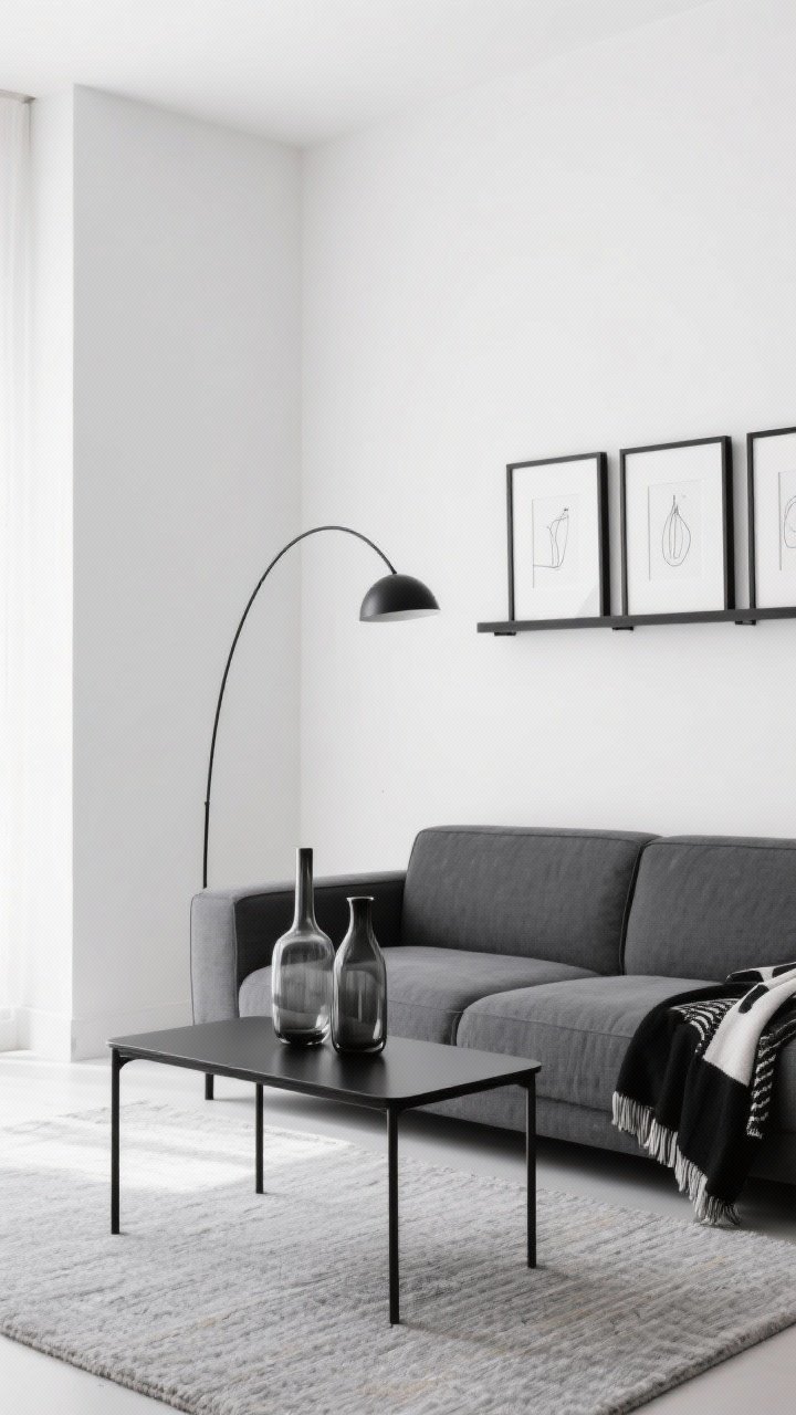 Medium-wide shot from a corner angle of a monochrome minimal living room: white walls, a charcoal gray sofa, a slender black metal coffee table on a flat-weave light gray rug. On the wall, a black-framed gallery rail with white mats and minimal line drawings; a matte black arc lamp sweeping over the seating. Style the table with two smoked glass vases and a single black-and-white throw on the sofa. Lighting crisp, daylight with soft shadows. Sleek, architectural vibe.