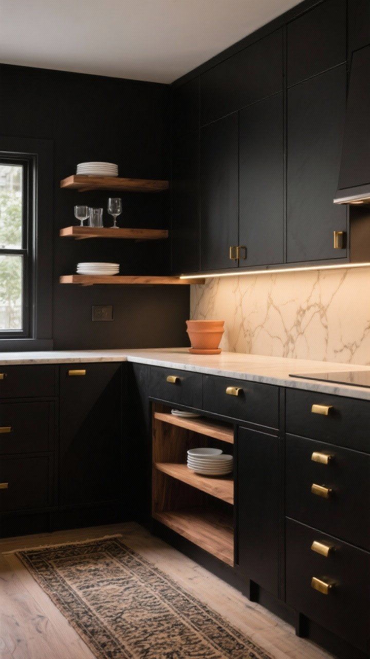 Medium-wide shot of a matte black kitchen with warm accents: matte black cabinetry with handle-free lower drawers, warm wood open shelves, brushed brass hardware; creamy quartz counters with subtle veining; shelves styled minimally with matching white plates, clear glasses, and a single terracotta pot; slim linear LED lighting under cabinets, vintage-style runner on the floor; high-contrast yet warm atmosphere, straight-on perspective.