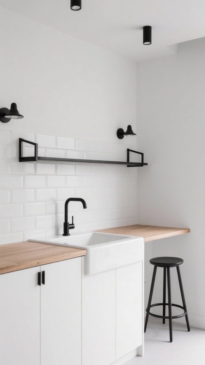 Medium wide, straight-on: Matte white base and wall cabinets with a slim light oak countertop, plain white square tile backsplash to the ceiling grouted in soft gray, black pulls, a slim black faucet, a black-framed open shelf above the sink styled minimally, two black sconces mounted over the shelf, and a single tapered black stool tucked under a tiny oak overhang; crisp monochrome contrast, graphic yet airy.