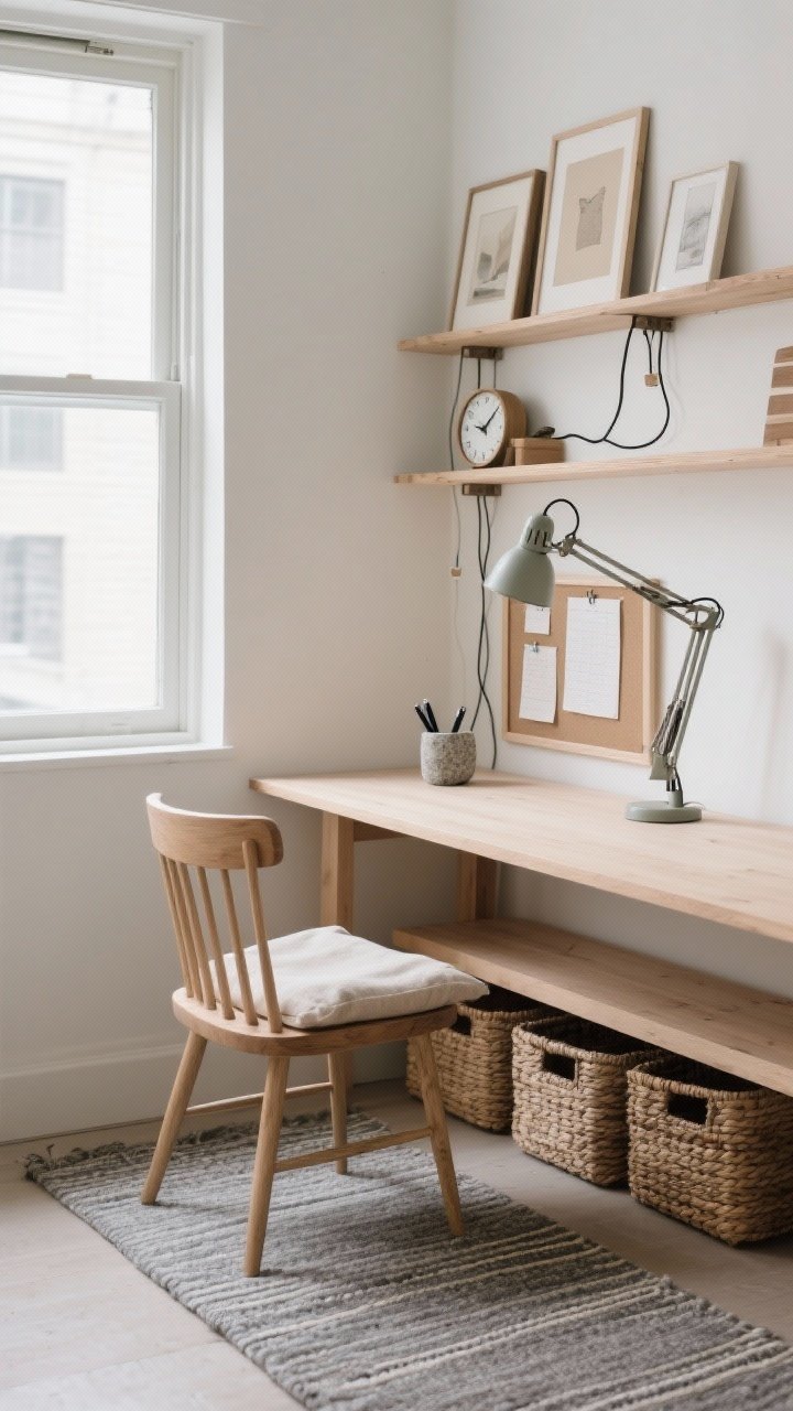 Medium workspace scene with lofty vibes: floating plywood desk mounted under a window, light oak spindle chair with a linen cushion; stacked picture ledges above displaying neutral prints and a tiny clock; tidy cable management clips, stone pen cup, linen pinboard for notes; mini clamp lamp attached to the desk for focused task lighting; narrow bench beside the desk hiding woven storage baskets; flatweave runner in soft graphite anchoring the area; calm, purposeful, photorealistic.