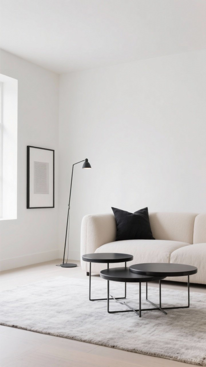 Minimalist living room medium-wide shot in warm white walls and textiles; graphite black accents for contrast: sleek metal nesting table set, thin-frame floor lamp, minimalist poster frame; slim-legged oatmeal sofa; flat pale-gray wool rug; one charcoal throw pillow; balanced daylight to sharpen lines; palette warm white, oatmeal, pale gray, graphite; composition emphasizes crisp edges and negative space.