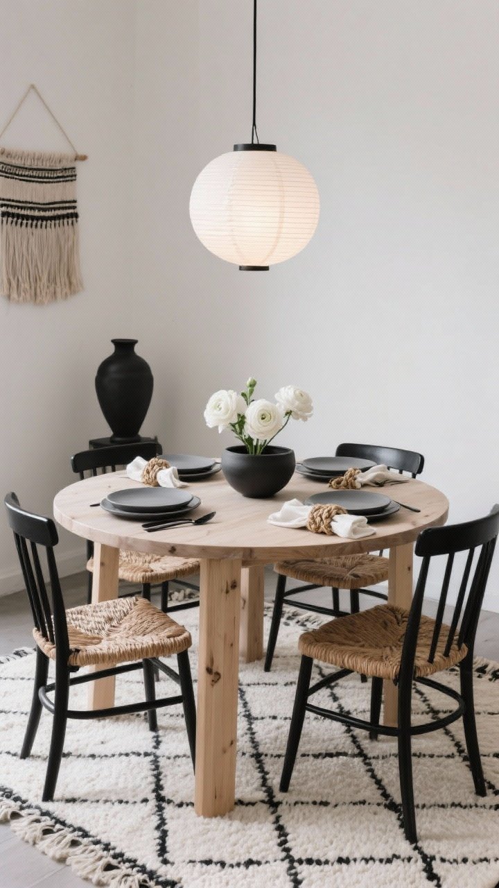 Minimalist medium shot, straight-on: Minimal Boho dining in black, cream, and natural. Light oak oval table with sleek black spindle chairs. Place settings: stone-gray plates, matte black cutlery, off-white linen napkins tied with braided raffia. Centerpiece: a single low arrangement of white ranunculus in a matte ceramic bowl. Above, a paper lantern pendant emits a soft, diffused glow. Cream flatweave rug with a subtle black diamond pattern underfoot. Minimal wall hangings, a sculptural vase, and woven seat cushions complete the scene. Palette: black, cream, light oak, stone gray. Calm, intentional, photorealistic, no people.