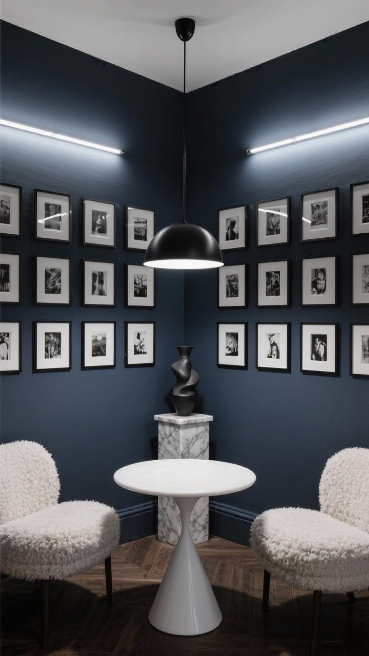 Moody art-forward monochrome gallery nook, medium shot: walls painted deep inky blue/charcoal; white tulip table with two bouclé or faux-shearling barrel chairs for soft contrast; grid of black-and-white photographs in matching frames covering the wall; linear picture light washing the art; matte-black dome pendant above; a small marble pedestal stand with a sculptural vase; sophisticated, modern art-house mood with controlled lighting