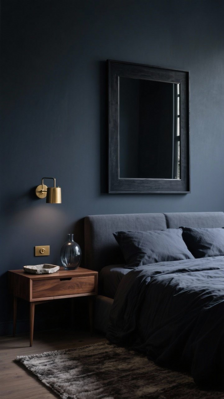Moody minimalist medium shot with deep tones: walls in charcoal or midnight blue matched by a linen-cotton duvet in the same tone for an enveloping monochrome feel; low dark bed, single warm walnut nightstand, brushed brass wall sconce with dimmer casting a soft pool of light; oversized matte-black framed mirror leaning against the wall, stone catchall tray on the nightstand, wool rug underfoot and a small smoky glass vase; palette of charcoal, midnight, walnut, brushed brass; dramatic yet uncluttered atmosphere