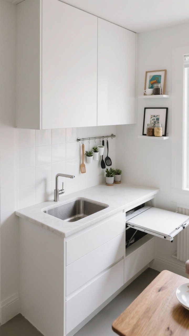 Overhead/angle detail of a tiny galley: Slim-profile white cabinets with flush toe kicks elongating lines, stainless utility rail along the backsplash holding spatulas, cups, and tiny planters, shallow composite sink, brushed steel pull-down faucet, half-height uppers leaving a display shelf with art and jars, and a narrow wall-mounted fold-down breakfast table partially open; functional, uncluttered storage focus.