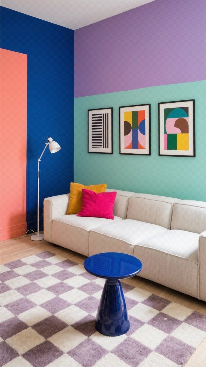 Overhead/angled detail-meets-room shot: A color-blocked creative corner with a painted wall zone in two bold tones (cobalt and coral or sage and lilac) behind a compact neutral modular sofa. Punctuate with bold pillows, a lacquered pedestal side table, and a muted checkerboard rug. On the wall, a trio of Memphis-inspired prints; include a studio floor lamp with a pivoting head casting directional light; playful yet refined brainstorming hub.
