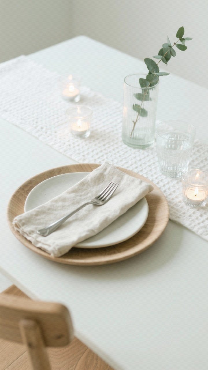 Overhead clean detail of Scandinavian Soft-Glow Simplicity: white waffle-weave runner on a pale tabletop, a single matte off-white stoneware plate on a light wood charger, natural flax linen napkin folded rectangle-style beneath a brushed nickel fork. Straight-sided water glass to the upper right, clear cylinder vase with a single eucalyptus stem, and scattered tea lights in clear cups casting a gentle glow. Palette of white, flax, pale wood, soft green; serene, airy lighting.