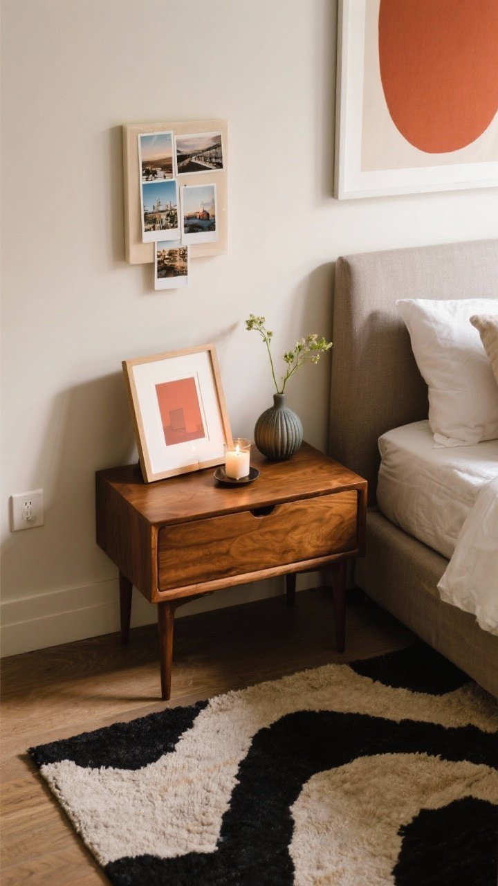 Overhead detail: A nightstand micro-vignette curated like a collector. A small framed print echoes a color used elsewhere in the room; a candle and bud vase accompany it. Nearby on the wall, a tiny cluster of travel photos tells a mood-driven story; a bold, simple print elsewhere in view echoes the large shapes of a patterned rug (scale echo). Subtle, warm lighting for an intimate, personal feel; top-down angle highlighting thoughtful composition.