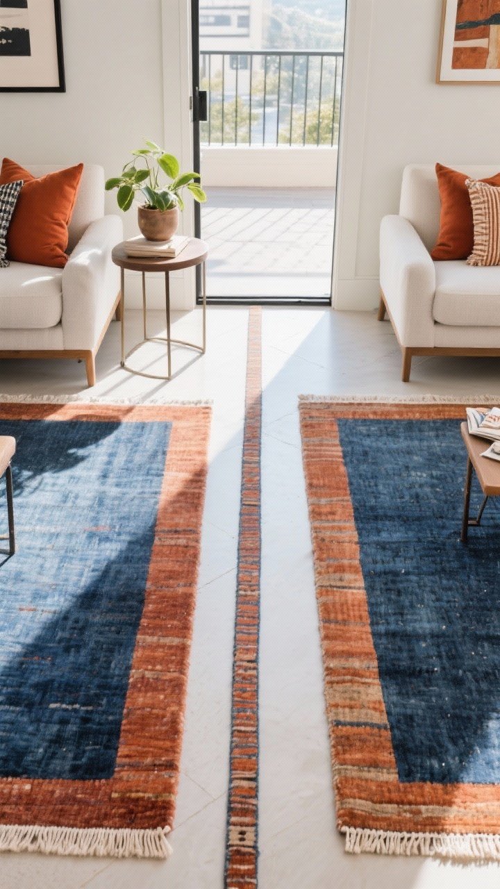 Overhead detail of rug borders and styling: two adjacent rugs with a consistent 2–6 inch floor reveal between them; a shared side table with a plant straddling the visual boundary to bridge zones; a slim runner linking a threshold towards a balcony; accents repeating a rug color (e.g., indigo or terracotta) in nearby pillows, art, or napkins. Show corners lying flat with discreet rug tape/pads. Crisp midday light, clean lines, photorealistic textures.