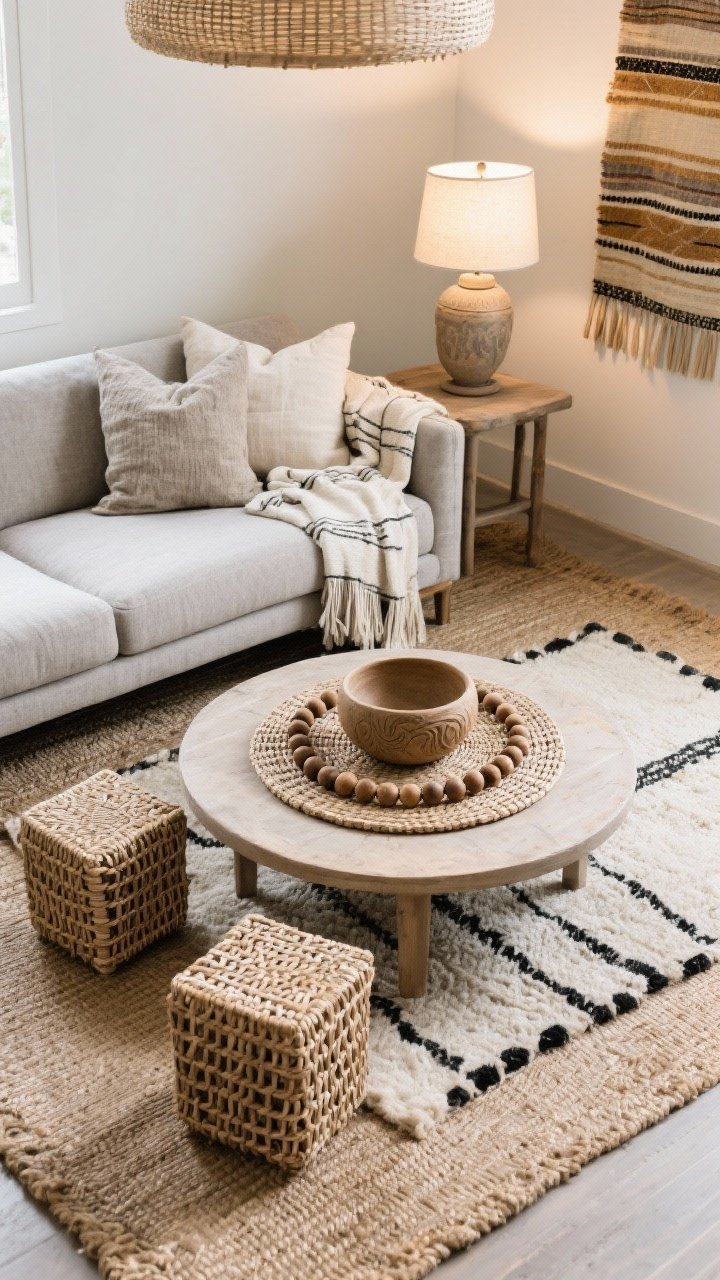Overhead detail shot, Artisan Neutrals With Woven Layers: greige sectional chaise corner with nubby linen pillows and a hand-loomed throw spilling onto a layered rug combo—flat jute base with a smaller wool rug on top; round woven coffee table centered with wooden beads, hand-thrown pottery, and a carved dough bowl; two woven cube ottomans tucked beneath the table edge; linen drum shade ceiling light glow visible on surfaces; ceramic table lamp off to the side; textile tapestry with fringe glimpsed at edge of frame; palette of cream, greige, taupe, honey, soft black accents; tactile, cozy, hand-crafted; no people, photorealistic.