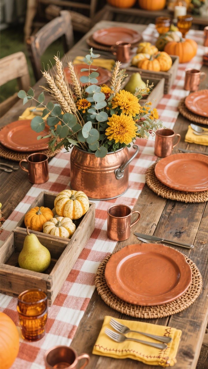 Overhead detail shot capturing a lively harvest market tablescape on a thick planked table with a russet-and-cream gingham runner. Center: a copper stock pot used as a vase overflowing with eucalyptus, wheat, and marigold-toned mums. Place settings of terracotta plates on woven willow chargers, butter-yellow cotton napkins with stitched edge, hammered copper flatware, and copper mugs. Small wood crates arranged down the runner holding pears and mini gourds, with amber glass candleholders sprinkled between. Palette: pumpkin, copper, sage, cream. Warm, cozy glow, nostalgic farmhouse feel. No people.