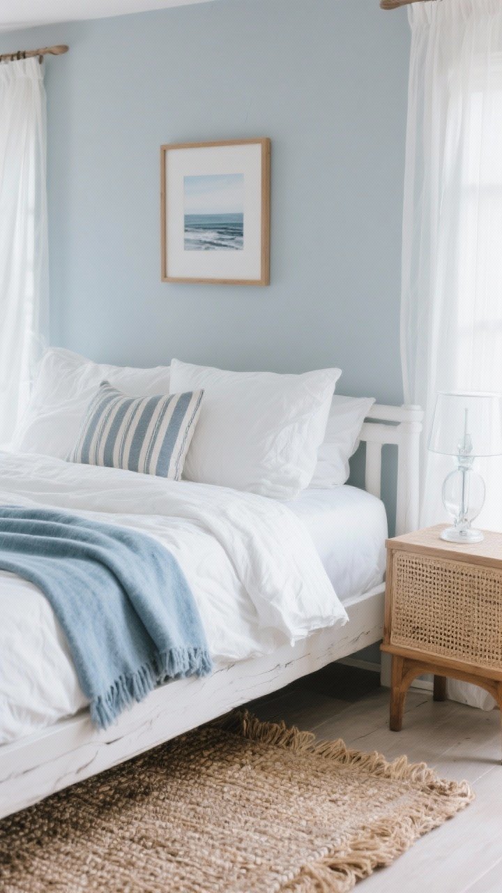 Overhead detail shot, Coastal Quiet bedscape: crisp white sheets with a lightweight linen duvet slightly rumpled, a washed blue throw folded at the foot, a striped lumbar pillow near the white oak bed frame edge in driftwood tones, seagrass rug texture visible beyond the bed edge, clear glass lamp base on a cane-front nightstand partially in frame; misty blue-gray wall tone subtly reflected; sheer white curtains filtering daylight, with a thin maple-framed coastal photo hinted on the wall; airy, salt-kissed calm in a soft gray and mist-blue palette.
