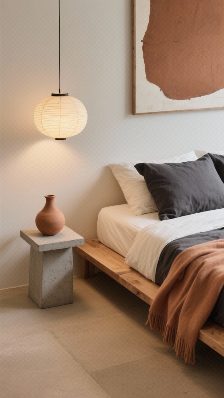 Overhead detail shot: Earthy minimalist bedside scene on warm greige flooring. A slim oak platform bed with charcoal linen duvet, ecru sheets, and a clay-colored throw folded at the corner. Sculptural concrete bedside table holding a simple clay vase and a single oversized earthy-toned artwork edge visible nearby. Soft glow from a paper lantern pendant casting diffuse light and gentle shadows. Negative space emphasized, photorealistic.