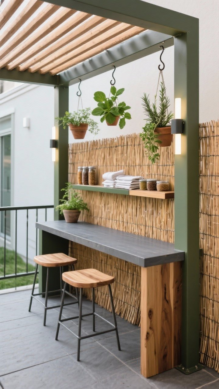 Overhead detail shot, Micro Dining Pergola: slim freestanding pergola casting linear shadows over a graphite outdoor runner; narrow counter-height table set against the railing with two backless stools tucked beneath; reed/slat privacy screen along one side; potted herbs hung from S-hooks above (rosemary, basil, mint); battery-operated sconce lights mounted on pergola posts; slim rail-mounted shelf with spices and folded napkins; palette graphite, natural wood, olive green, warm white light; materials metal frame, acacia/teak wood, woven reed; tidy, architectural feel.