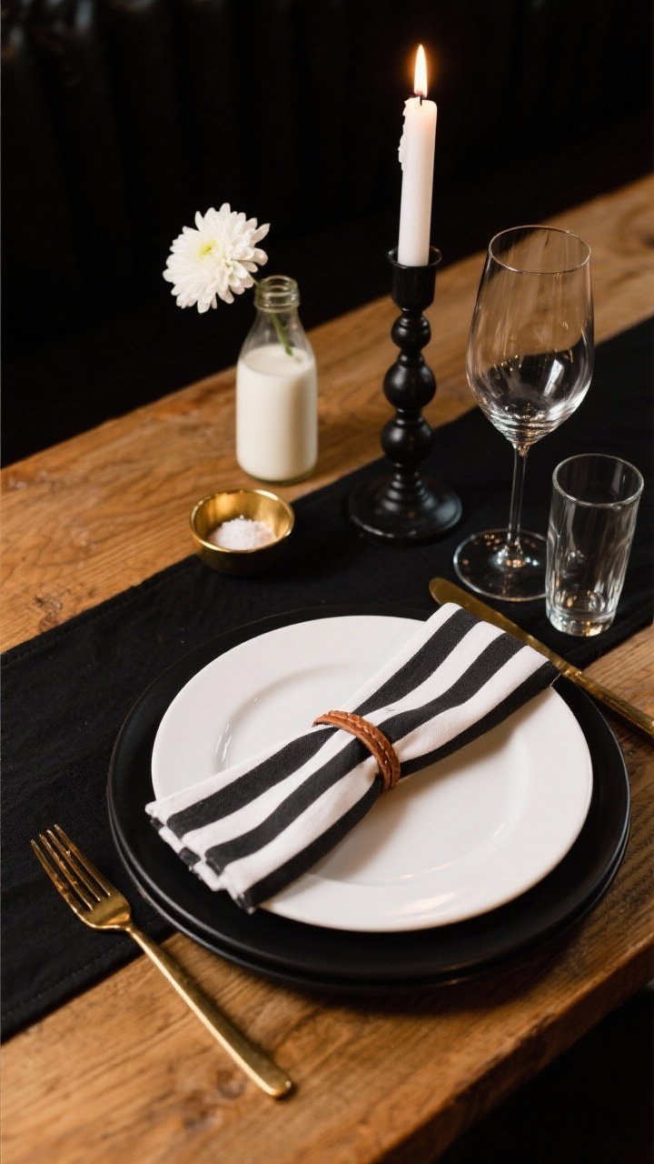 Overhead detail shot of a Black-Tie Bistro setting on a wood table with a crisp black runner: stack of matte black dinner plate under a white salad plate for sharp contrast, bistro-stripe napkin tied with thin leather cord. Tall tapered wine glass and compact water tumbler at the top right. A black iron taper candle holder with a lit candle nearby, a small milk bottle with white chrysanthemums, and a tiny gold salt pinch bowl adding a wink of glam. High-contrast black, white, and gold accents; moody evening lighting.