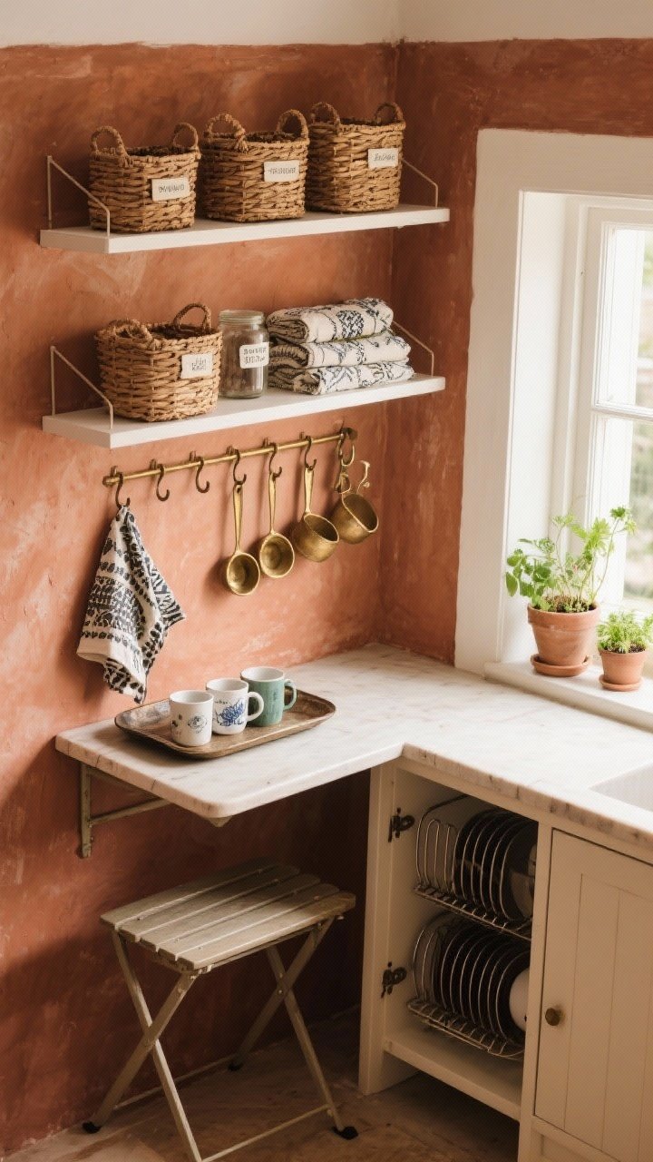 Overhead detail shot of a boho-organized nook shelf and table: terracotta wall background, white open shelves with stackable rattan baskets and labeled jars; a vintage tray corralling mugs; patterned tea towels folded; aged brass hooks holding mugs and measuring cups; a clip-on herb garden along the window ledge with small potted herbs; below, a slim folding wall-mounted table stowed flat; hint of a vertical pan rack inside a nearby cabinet door; warm, natural daylight, tactile textures emphasized