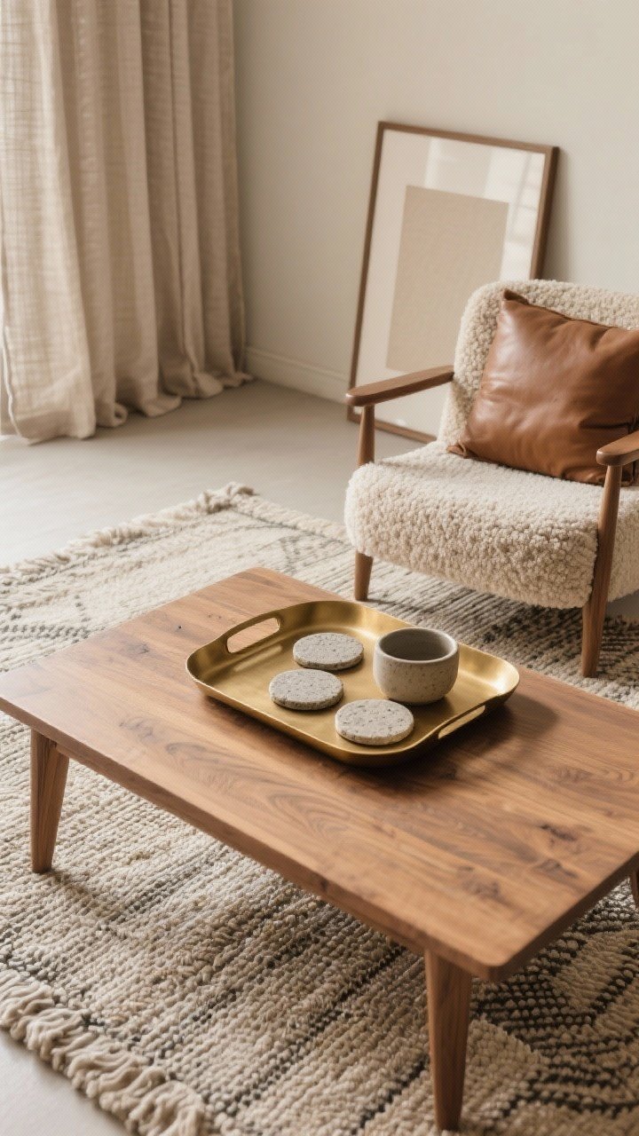 Overhead detail shot: Quick style recipe—Cozy Minimalist Living Room coffee table scene on a wood surface: a brass tray catching soft light, stoneware coasters, and a hint of linen curtain edge in frame; flatweave rug pattern beneath, matte light wall edge visible; a bouclé chair and leather pillow just at the periphery for context; alternatively include a small fabric-textured mat within a simple gallery frame leaning nearby; clean, warm natural illumination emphasizing weave, grain, and sheen, photorealistic.