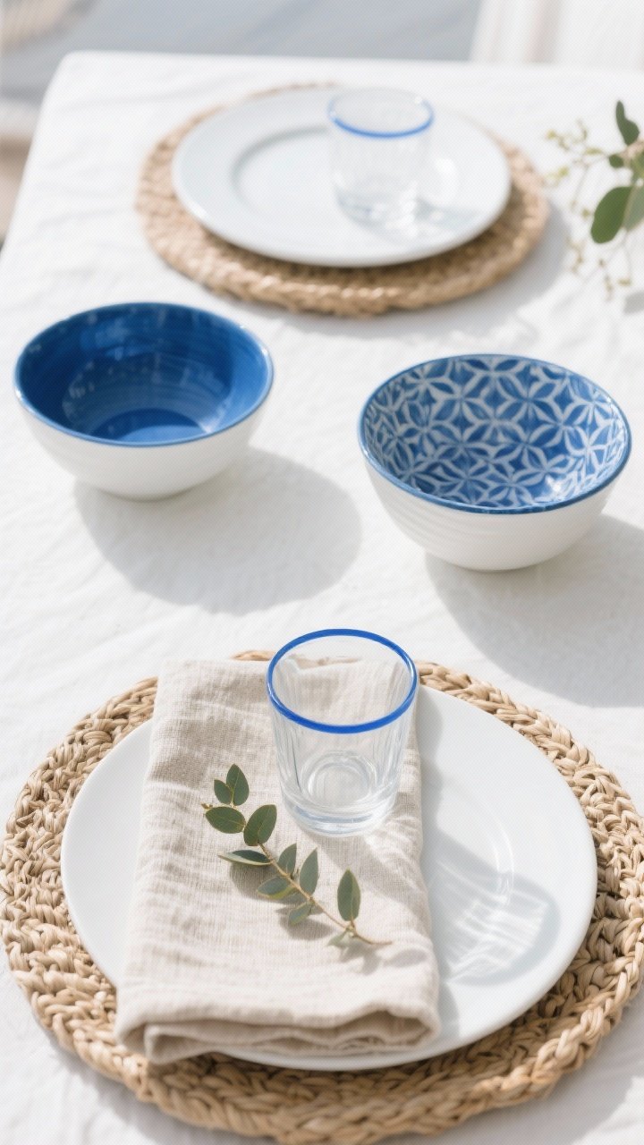 Overhead medium shot: A curated trio color story displayed across dinnerware—Blue + White + Natural theme. White dinner plates, blue patterned salad bowls, and natural woven chargers; a linen napkin in natural flax, clear glass with a thin blue band, and a small eucalyptus sprig. The blue appears on at least half the pieces to act as the thread. Bright daylight for a fresh, coastal mood; crisp, intentional palette with no extra colors.